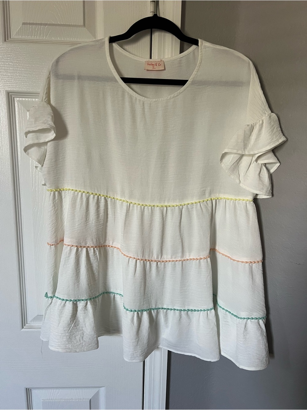 White Ruffle Sleeve Tiered Blouse with Pastel Trim